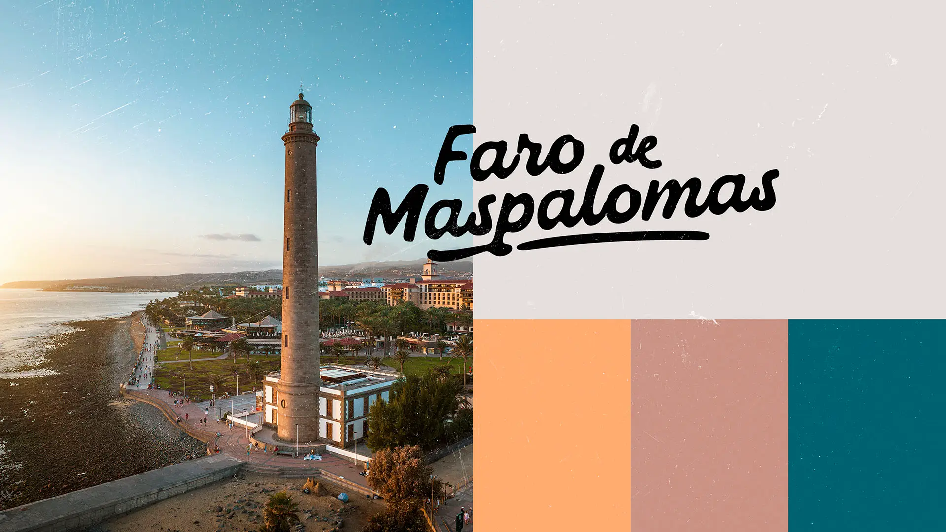 Faro de Maspalomas lighthouse rising above a coastal promenade at sunset, with a color palette of peach, rose, and teal