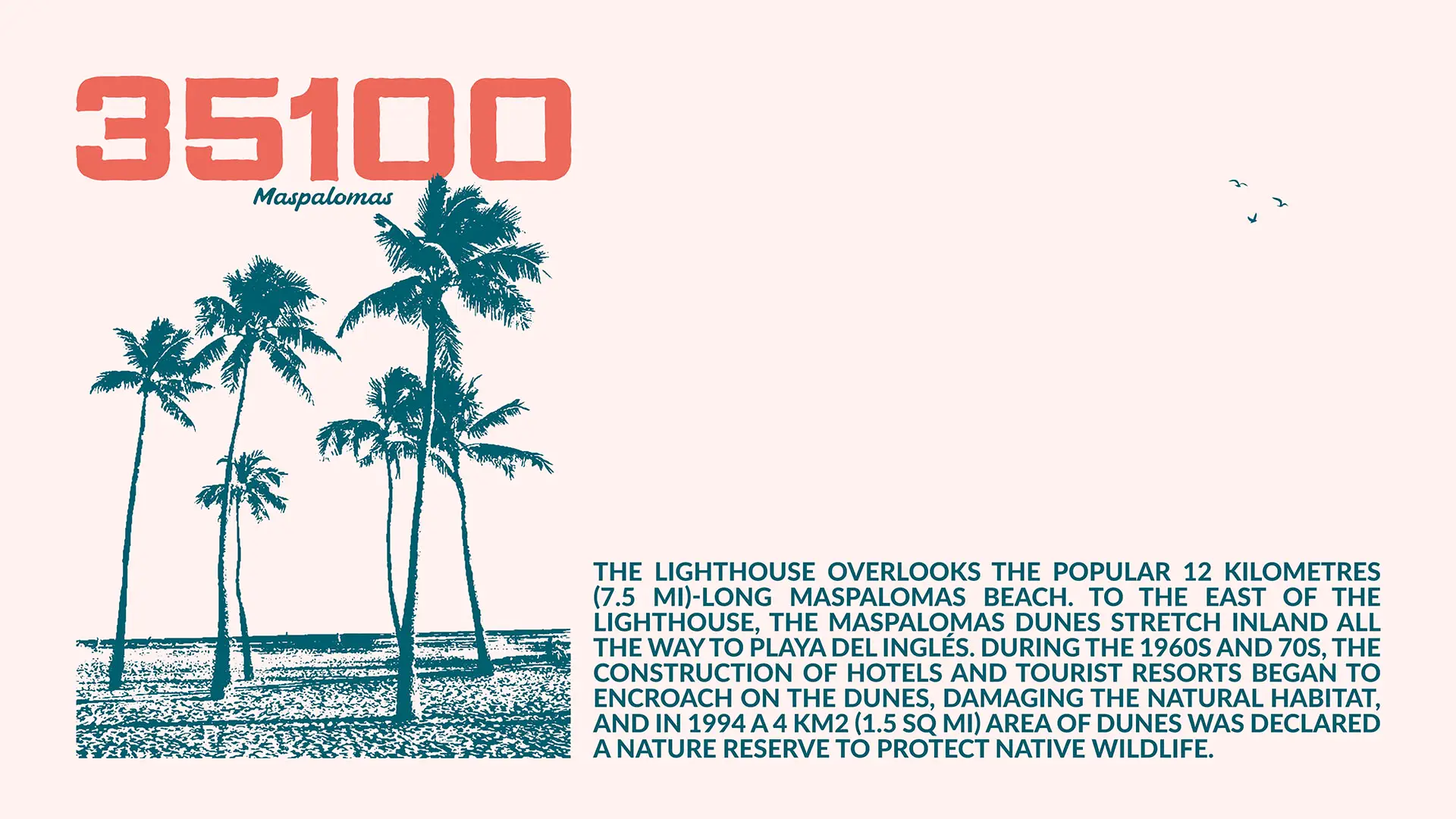 Illustrated graphic for Maspalomas (postal code 35100) featuring palm trees and a description of the Maspalomas Dunes nature reserve