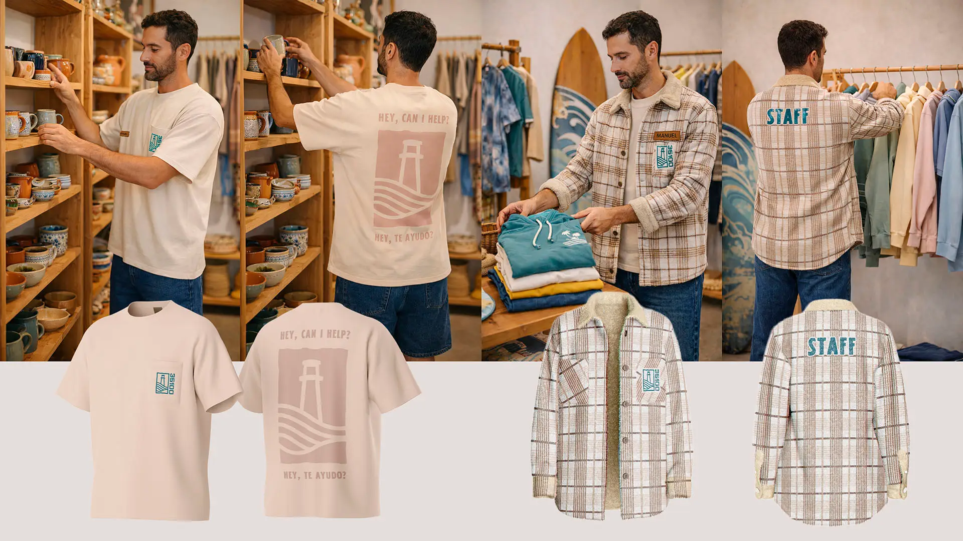 Staff uniform collection featuring a cream t-shirt with logo and Hey, Can I Help? back graphic, and a plaid shacket with Staff back embroidery