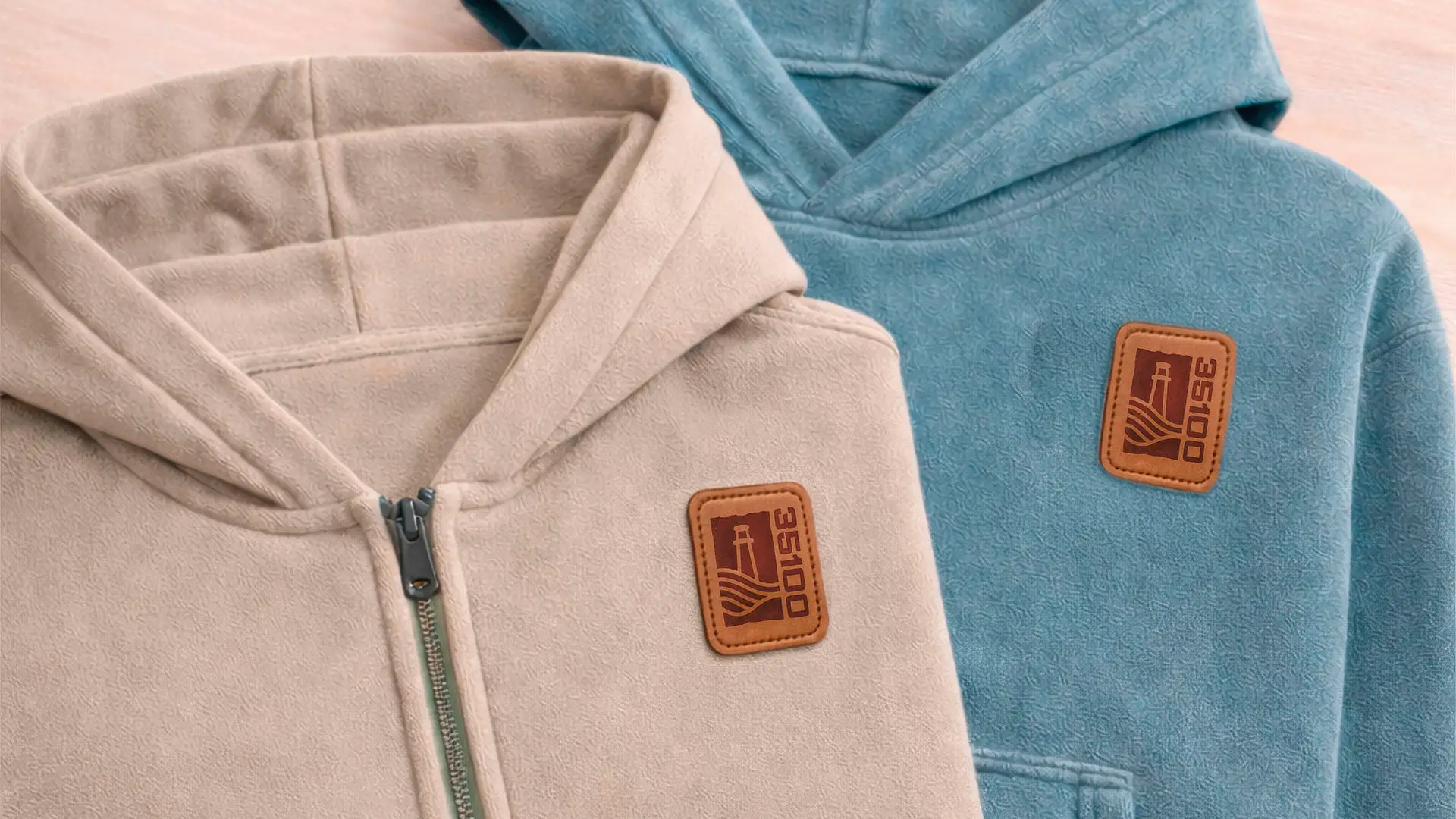 Two hooded fleece sweatshirts in beige and blue, each featuring a leather patch with a lighthouse logo and the number 35100