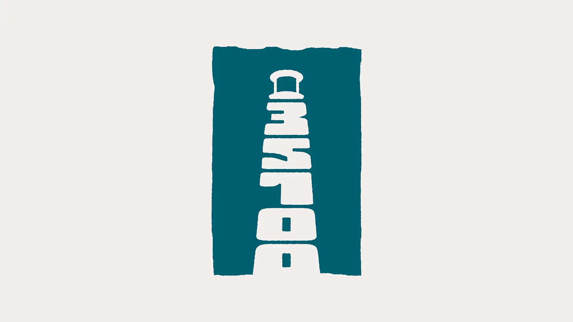 Stylized illustration of a lighthouse in white on a teal background
