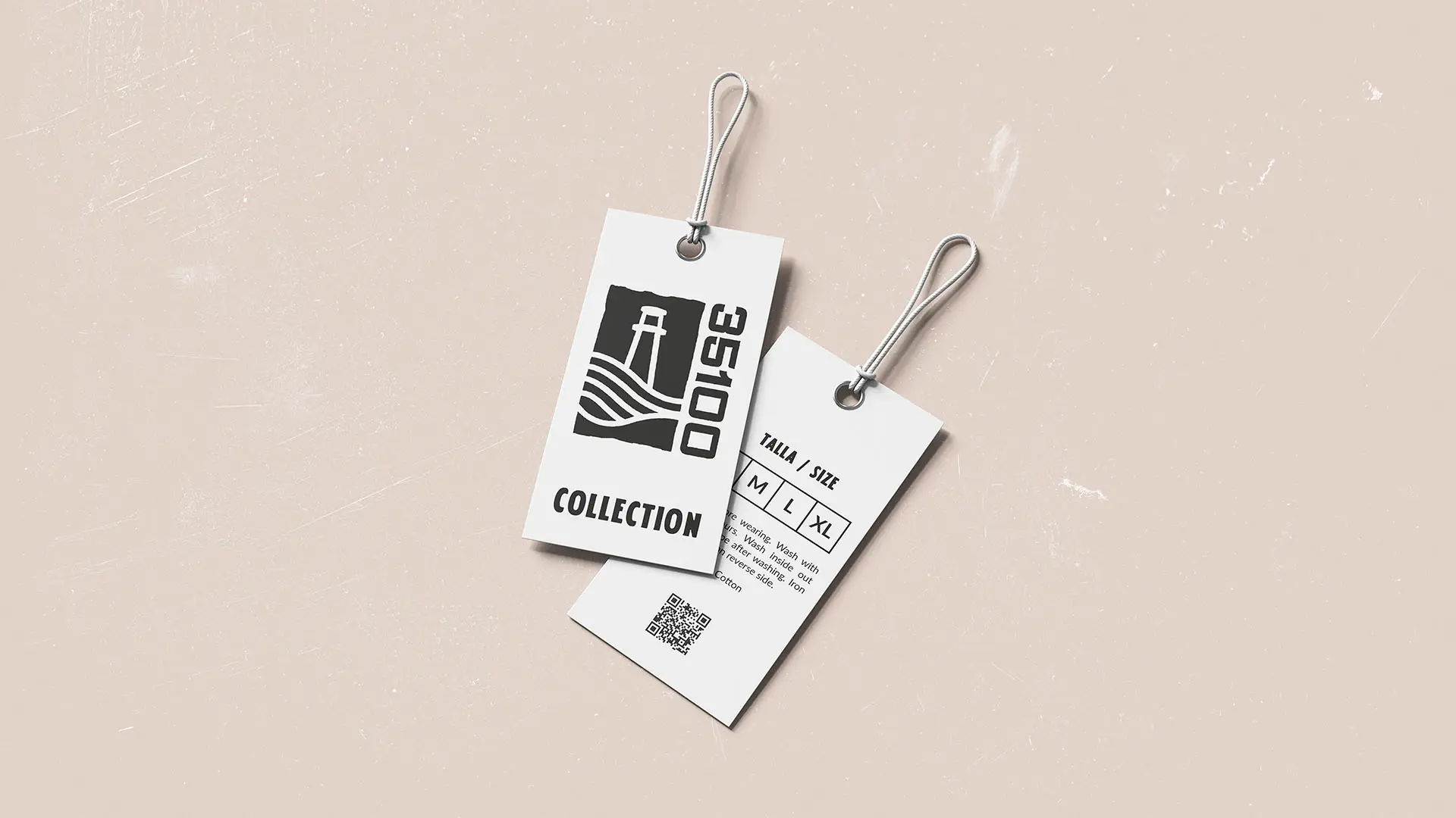 Two clothing hang tags for 35100 Collection showing front with lighthouse logo and back with size options M, L, XL and care instructions
