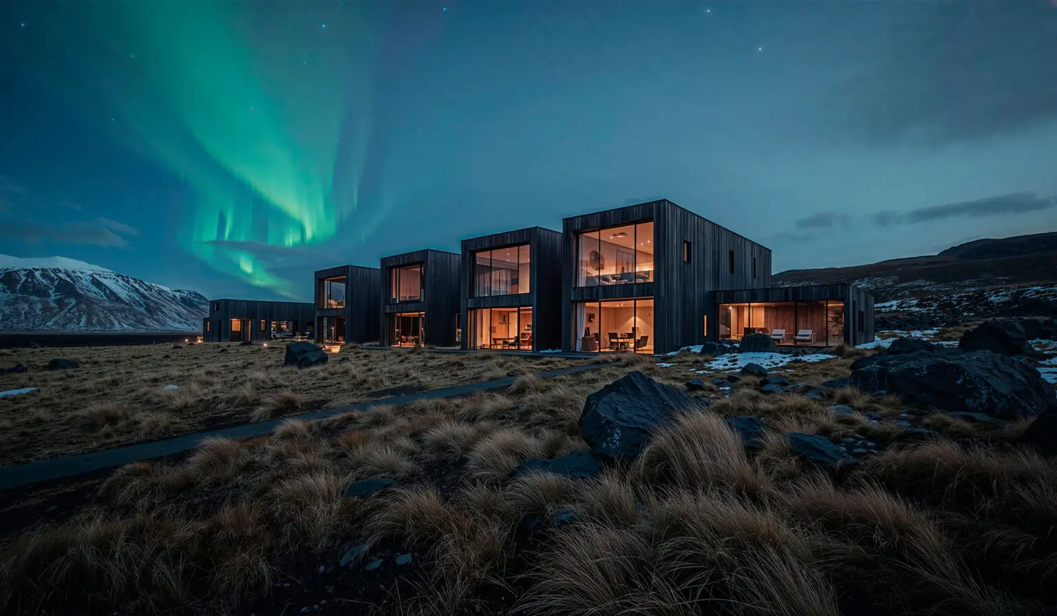 Nordhús Highland Retreat cabins under the northern lights