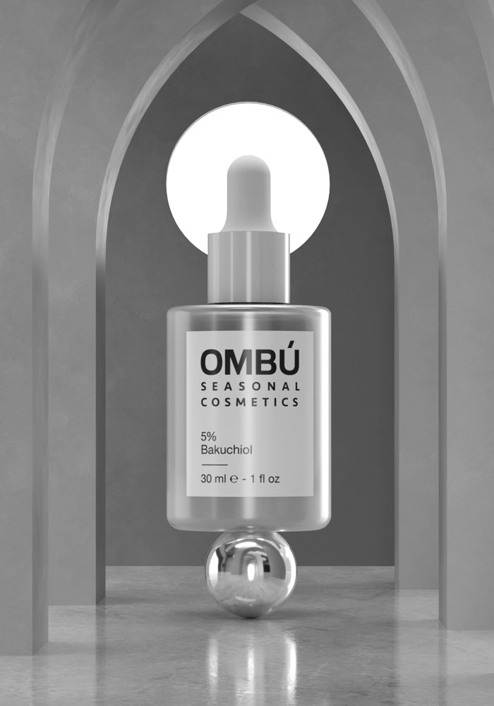 Frasco de sérum de Ombú Seasonal Cosmetics en un expositor en arco