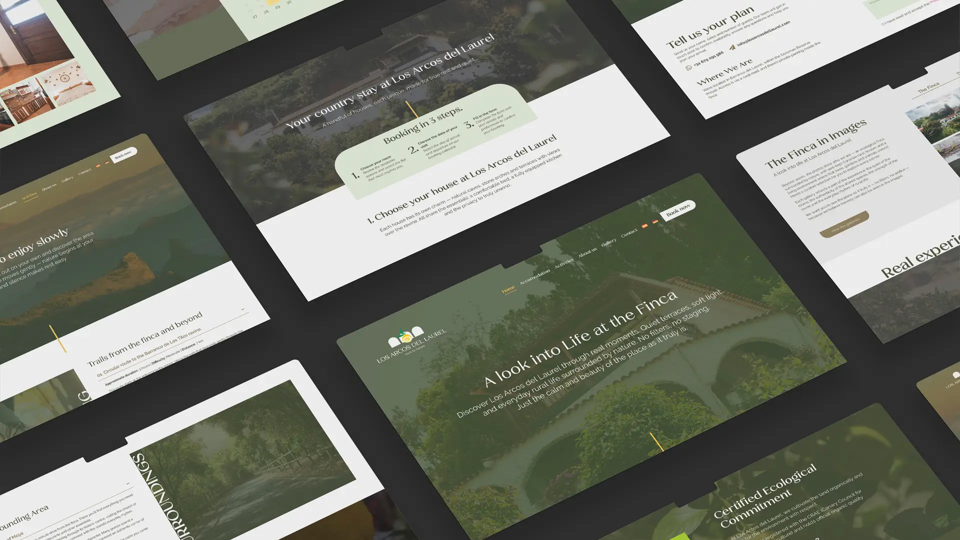 Multiple website pages for Los Arcos del Laurel, a rural country stay, displayed in an angled mosaic layout
