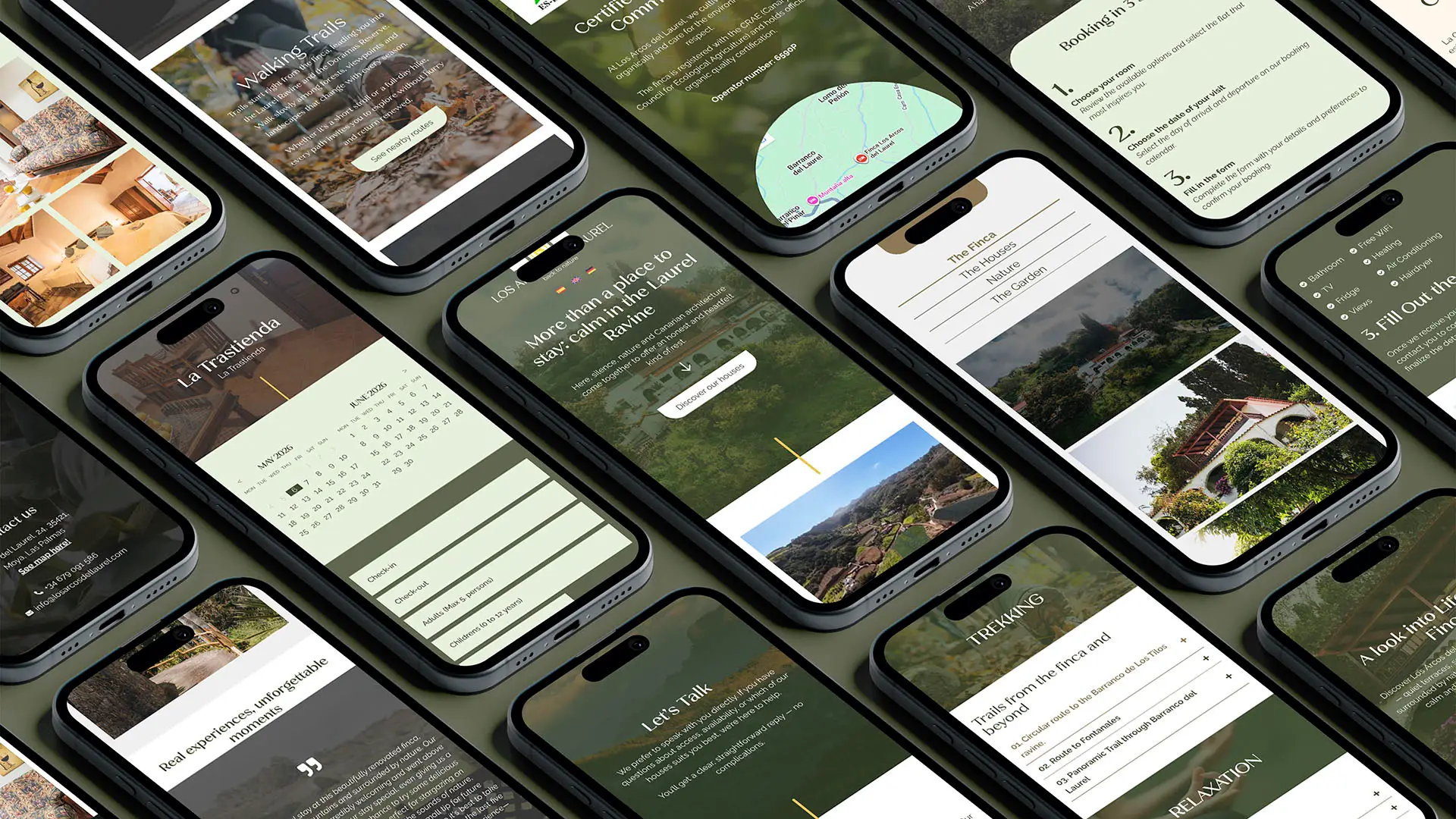 Multiple smartphone screens displaying a nature retreat website with booking, trekking trails, and accommodation pages